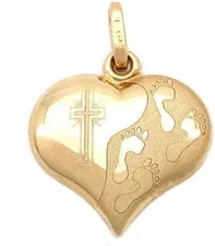14k Gold Footprints Cross Heart Charm Religious Jewelry 