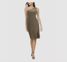Vince Camuto One-Shoulder Glitter-Knit Dress Gold 10 New
