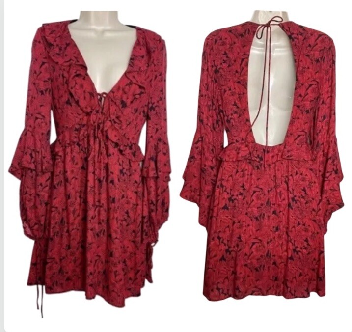 Zara Ruffle Long Sleeve Open Back Floral Dress Size XS Red Boho Chic  Festival | eBay