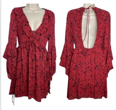 Zara Ruffle Long Sleeve Open Back Floral Dress Size XS Red Boho Chic  Festival | eBay