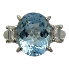 2.25ct Oval Cut Aquamarine And Emerald Cut Diamond Platinum Three Stone Ring