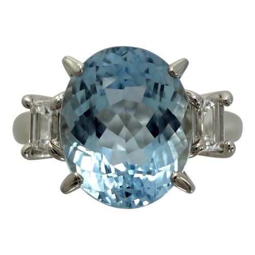 2.25ct Oval Cut Aquamarine And Emerald Cut Diamond Platinum Three Stone Ring - Picture 1 of 7