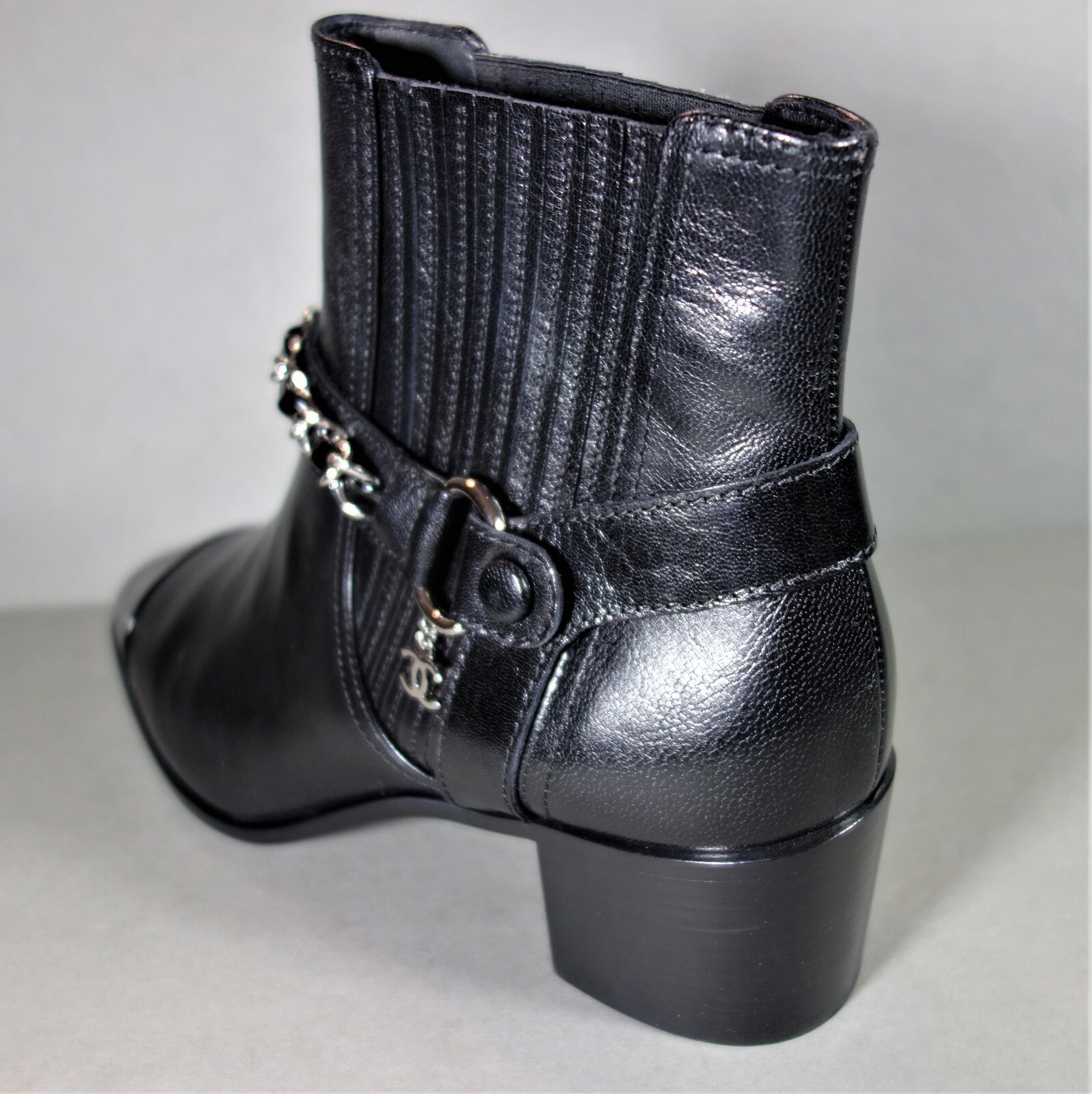 CHANEL 41 Black Leather Bootie Short Ankle Boots Biker Moto Silver Chain NEW image 10