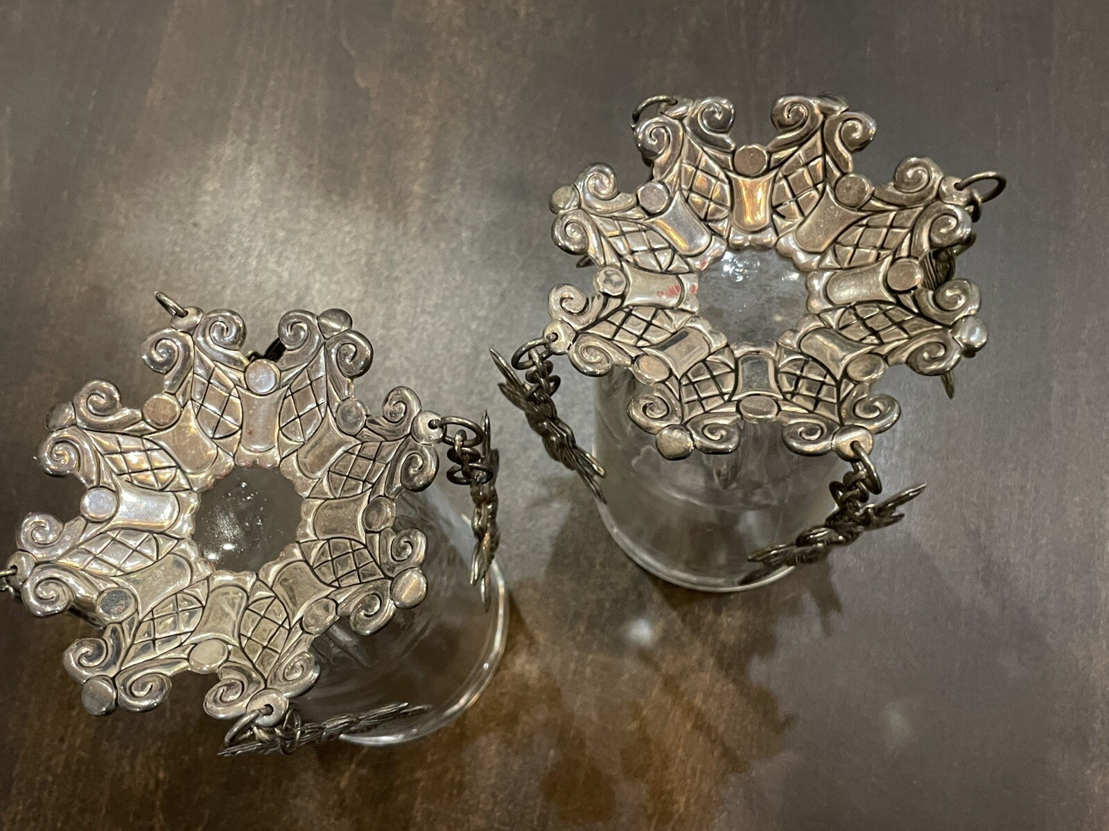 Set of 2 Vintage Silver Tone 3.5" Metal Bobeche Ornate w/ Hanging Snowflakes B77