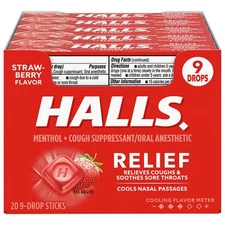 HALLS Relief Strawberry Cough Drops 180 Drops 9 Count Pack with Menthol