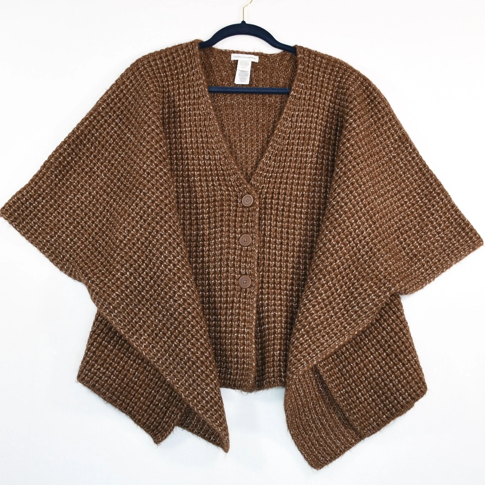 Cupcakes and Cashmere Chunky Knit Sweater Brown Poncho Cardigan Button One Size