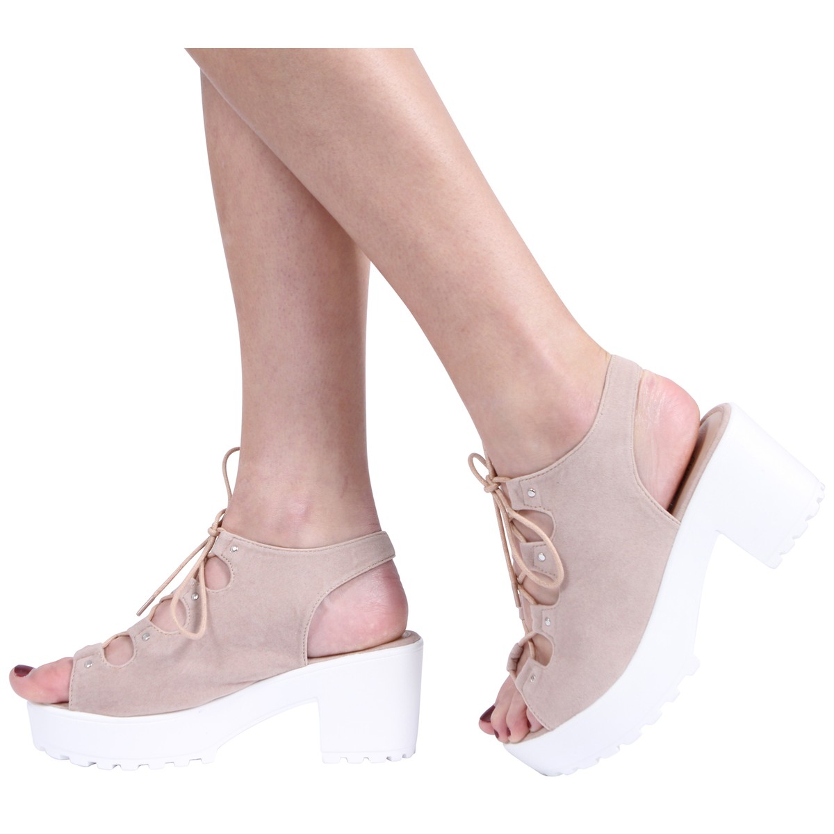 Fashion Chunky Heels Sandals Black Brown Suede Ankle Wrap Square Heels Shoes Cut-out Lace-up Strap Gladiator Dress Shoes - 322