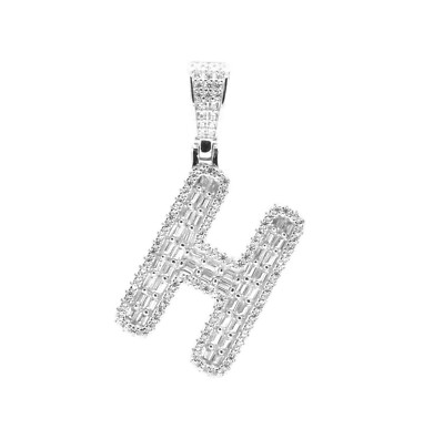925 Sterling Silver Baguette CZ Initial Letter H Pendant 4mm 1 Row Tennis Chain