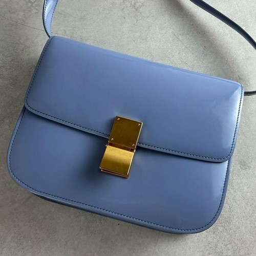 Celine Classic Box Medium Blue Shoulder Bag Gold Hardware Authentic 065640