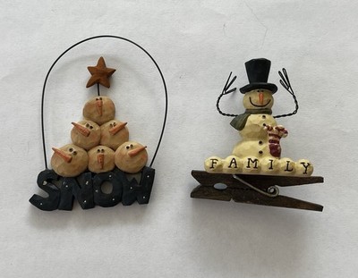 Lot Of 2 Blossom Bucket B. Lloyd Snowmen Christmas Ornaments Primitive Folk Art