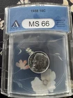 Beautiful Blue Toned 1958 Roosevelt Dime in Blue ANACS MS66 holder