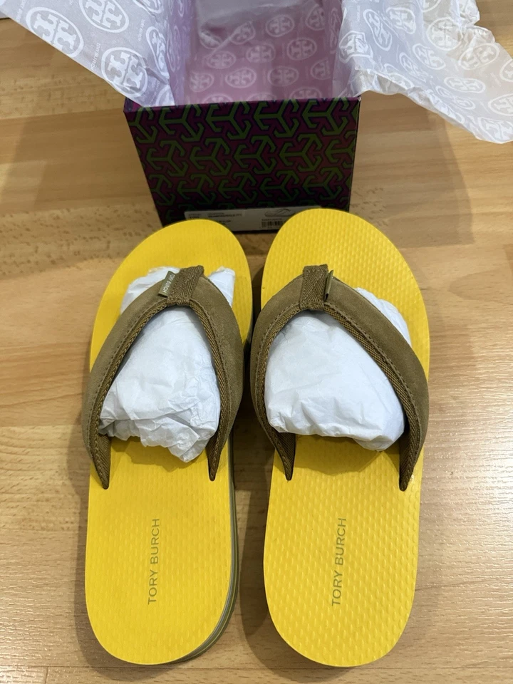 Sandalias Chanclas Tory Burch Cuero Amarillo Nuevo en Caja Talla 9 Foto 3 de 4