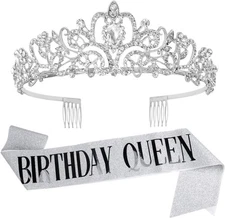 VELSCRUN Tiara for Women Silver, Happy Birthday Queen 01 
