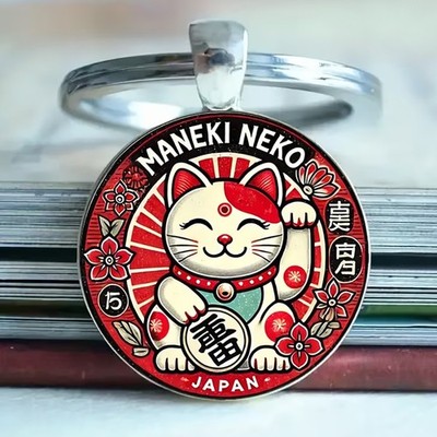 Maneki Neko Japan (glückliche winkende Katze) Glücksbringer Glas gewölbt Schlüsselanhänger
