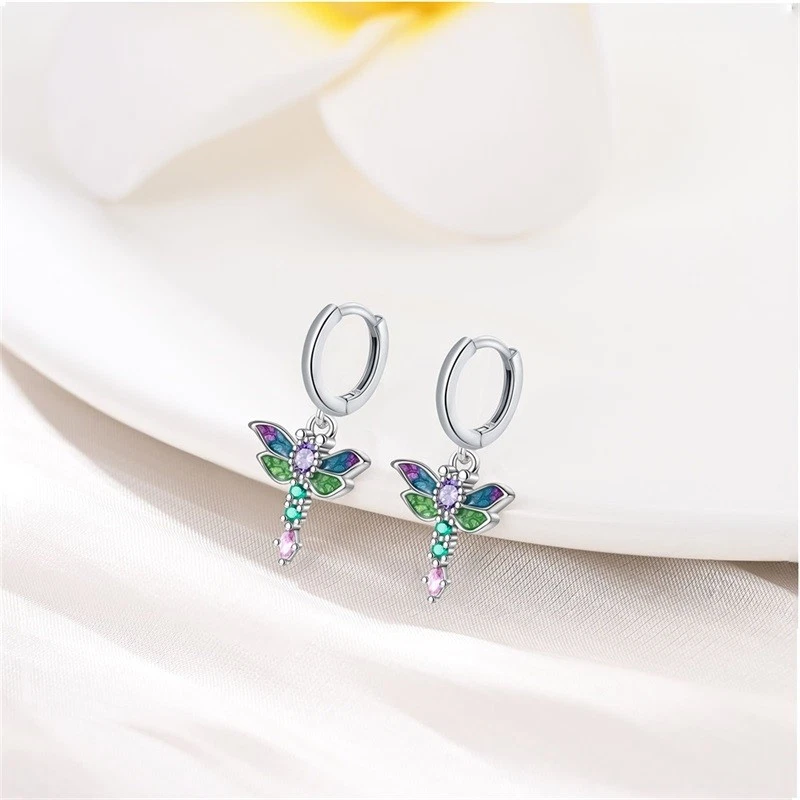 PANDACH 925 Sterling Silver Tiny Dragonfly Drop Earrings For Women Mini Hoops - Image 4 of 4