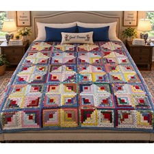 Couvre lit patchwork cabane en rondins fait main américain vintage 273x214 cm