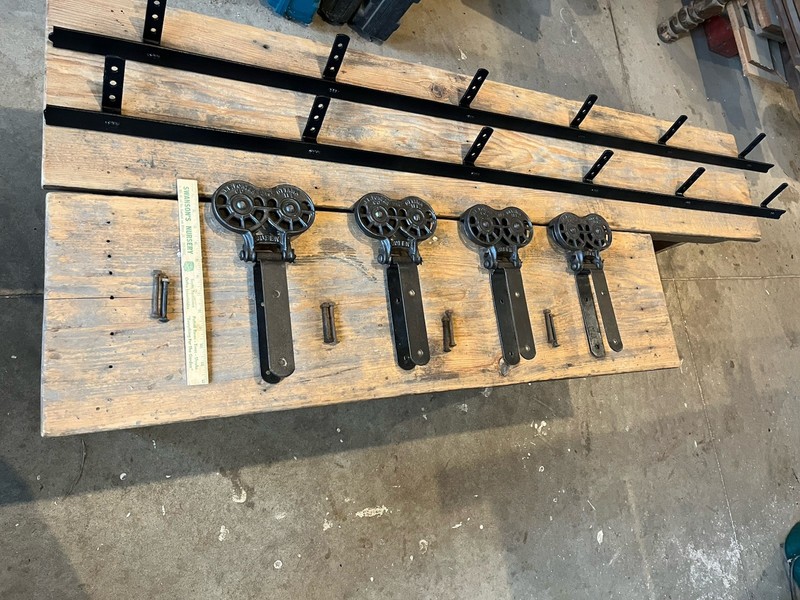 2 antique JE Porter Queen barn door rollers w/ 6’ track architectural salvage