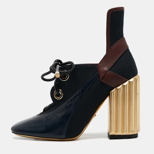 Bottines Dior tricolores en cuir verni et toile à lacets talon bloc pointure 38,5