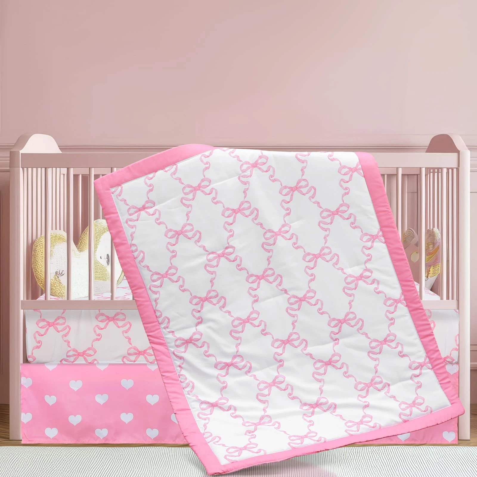 Hahafelt 3 Pcs Baby Girls Crib Bedding Set Coquette Pink Bow