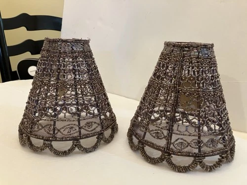 Pair Beaded Small ClipOn Lamp  Shades Silver Copper Gray 7”H x 7”W~ANTHROPOLOGIE