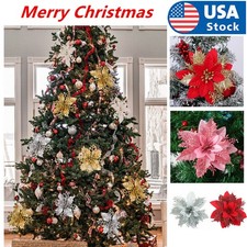 10Pcs Glitter Christmas Poinsettia Hanging Flowers Xmas Party Tree Decoration