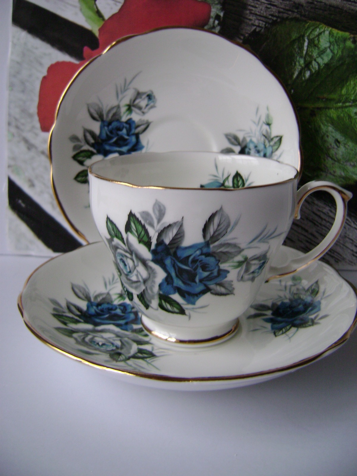 Duchess Blue & White Rose Bone China Tea Cup & Saucers . 1 Saucer Gift. England