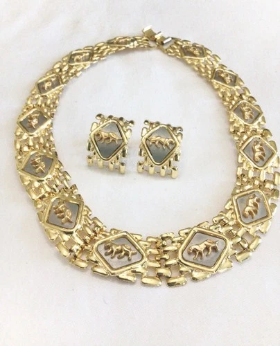 Vntg Costume Jewelry collar Necklace & Earrings 2 Tone Jaguar Leopard cougar