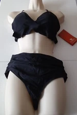 Camel Crown Black Bikini Swimsuit Ruffles High Waist Ruched Women's Size Medium