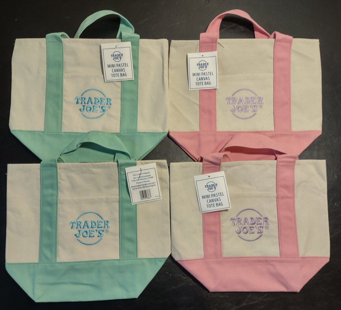 Trader Joes Mini Canvas Pastel Tote Bags four Pack 2 Mint green, 2 Delicate pink