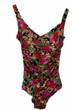 Catalina Size XL 14 One-Piece Slimming Swimsuit Floral Rose Red Black Gold READ