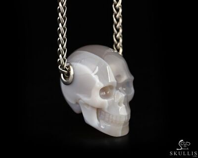 Necklace of Gray White Agate Hand Carved Crystal Skull Pendant