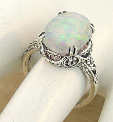 NOUVEAU ANTIQUE STYLE 925 STERLING SILVER LAB-CREATED OPAL FILIGREE RING    957X