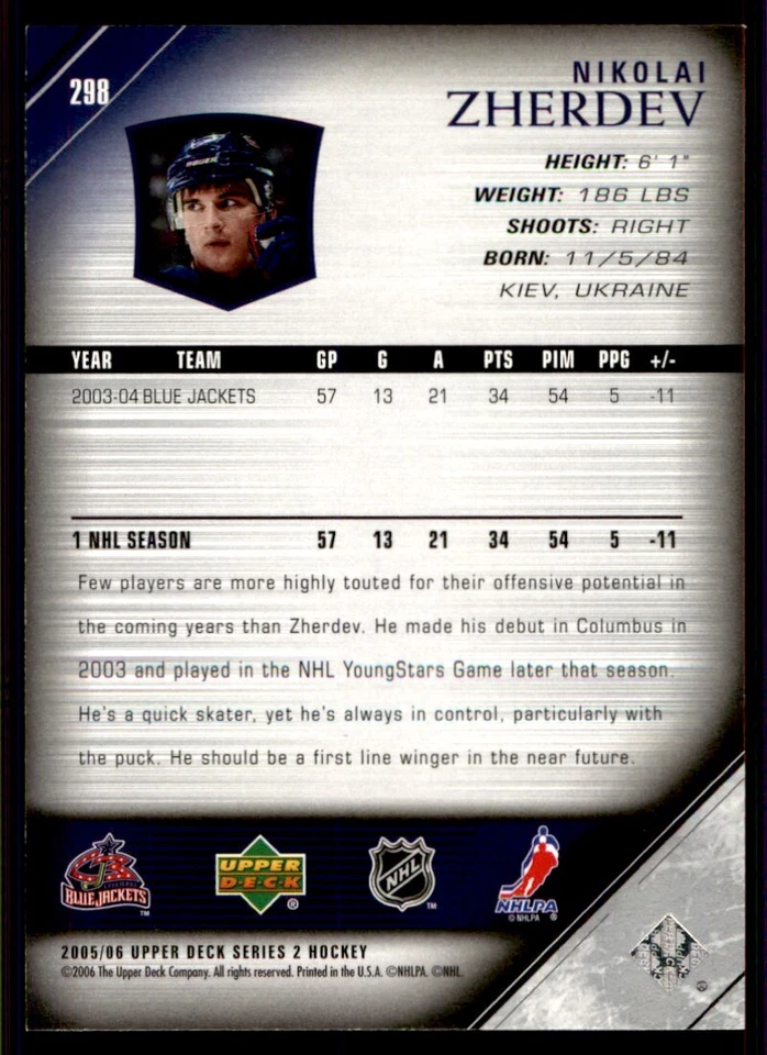 2005-06 Upper Deck Nikolai Zherdev Columbus Blue Jackets #298 - Image 2 of 2