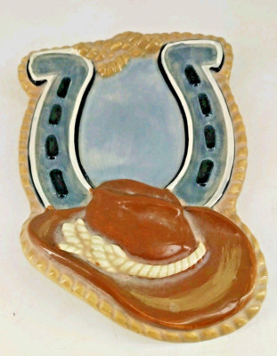 Spoon Rest Ceramic Western Cowboy Horse Shoe Trinket Dish Sonoma Happy Trails B2