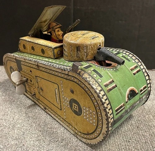 1930's Louis Marx Toys Wind Up Tin Litho Tank with Doughboy Gunner Pressed Steel