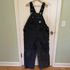 Carhartt R02 Quilt Lined Duck Bib Overalls Black Double Knee 42x30 Mens