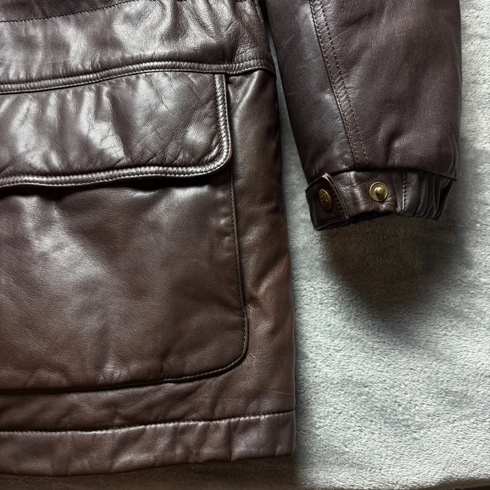 Chaqueta acolchada de cuero Eddie Bauer vintage para hombre 2XL marrón plumón de ganso cuello falso Foto 4 de 4