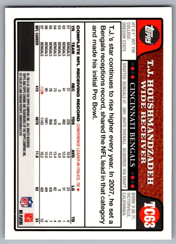 2008 Topps Chrome T.J. Houshmandzadeh Cincinnati Bengals #TC63 - Image 2 of 2