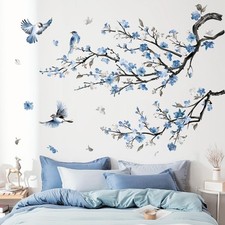 Wall Stickers Blue Flower Branch Bedroom Nursery Decor Removable Watercolor