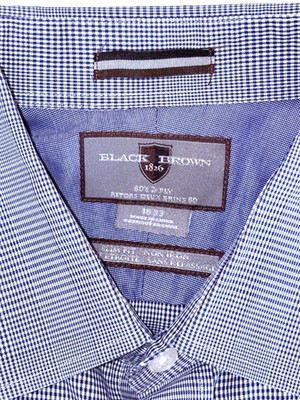 BLACK BROWN 1826 Shirt Men's 16 33 80s 2 Ply Slim Fit Non Iron Dress Check Blue