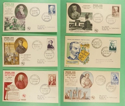 DR WHO 1953 FRANCE 6 FDC FAMOUS PEOPLE CACHET COMBO R22166