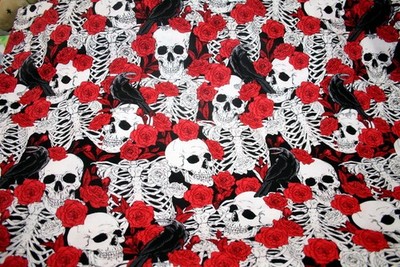 SKULLS , ROSES AND BLACK CROWS FROM TIMELESS TREASURES - 100% COTTON FABRIC