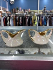 Ceramic Gold Trimmed White Creamer And Suger Holders Vintage Ornate Design 