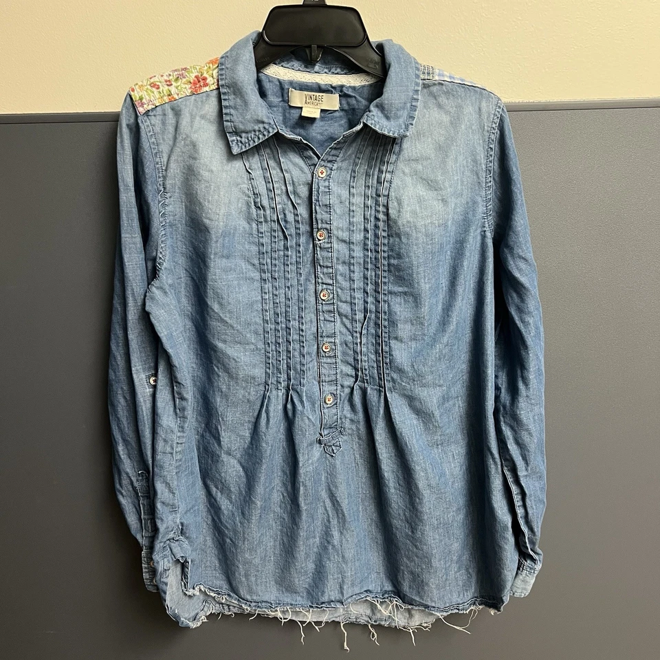 Camisa Denim Vintage AMERICA Abotonada Western Patchwork Pintuck Plisado Talla XL Foto 2 de 4
