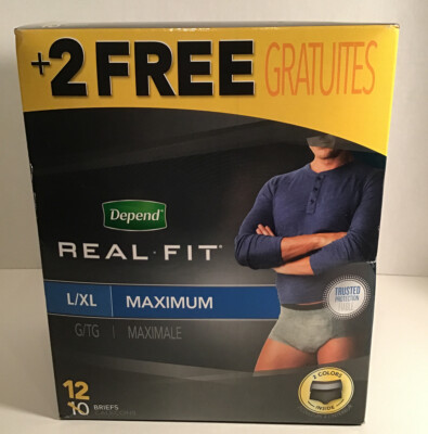 Box 12 Depend Briefs REAL-FIT L/XL Maximum Men Gray Black NEW in Box Underwear