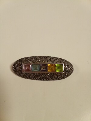 Vintage Sterling Marcasite Color Gemstones Oval Jewelry Brooch