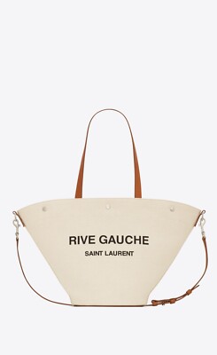SAINT LAURENT Rive Gauche Natural/Brown Canvas Tote Bag New