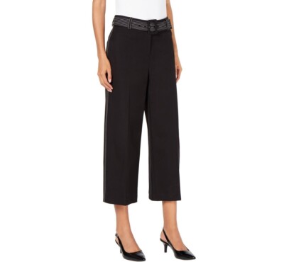 Alfani Womens Deep Black Stitched Stripe Belted Wide Leg Cropped Pants  NWT