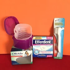 Denture Bath Purple Cup Container and Denture Tablets & Brush Bundle / Retainer