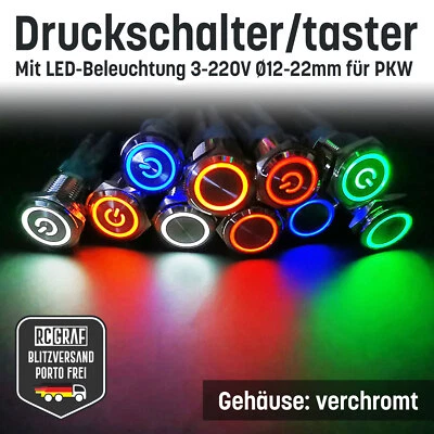 MARKENLOS Metall Druckschalter Drucktaster KFZ LED beleuchtet 5-220V Ø 12 16 19 22 mm